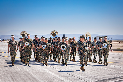 Miramar, California, USA - September 24, 2023: The 3rd Marine Aircraft Wing (3rd MAW) Band on the march at America's Airshow.