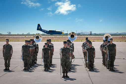 Miramar, California, USA - September 24, 2023: The 3rd Marine Aircraft Wing (3rd MAW) Band at America's Airshow.