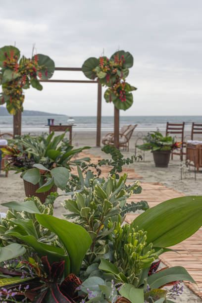 Beach wedding party decoration with food, flowers, drinks, cutlery and decorations.
