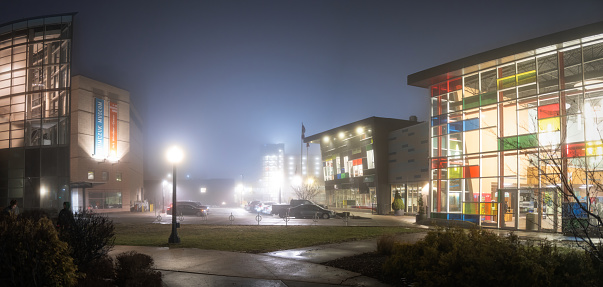 Windsor, Ontario, Canada - January 25, 2024:  Downtown Windsor, Ontario on a foggy evening.