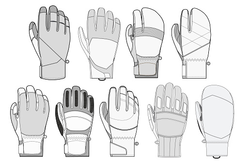 This vector illustration set provides an editable template for ski and snowboard glove designs, serving as a comprehensive fashion illustration resource. The set includes detailed depictions of gloves from various angles, highlighting key design features such as insulation layers, waterproof materials, grip textures, and adjustable closures. Designed to be customizable, this template allows for easy modifications to accommodate different styles, and technical specifications. The neutral tone of the illustrations ensures that the focus remains on the design details, making this set an essential tool for designers, product developers, and marketers in the winter sports apparel industry. It facilitates the visualization of new glove designs and assists in the creation of marketing materials, product catalogs, and production specifications.