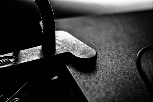 Black and white close up of a desk