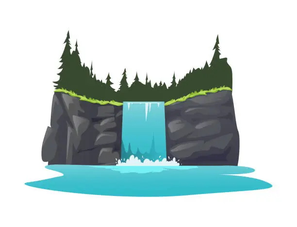 Vector illustration of Waterfall, flat cartoon style, vector illustration isolated on white