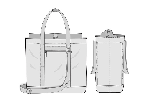 This vector illustration accurately presents a technical fashion illustration of a nylon tote bag, featuring detailed front and side views. It highlights the bag’s functional design elements, including short handles for hand carry and a removable shoulder strap for versatile carrying options. The illustration captures the robust nylon material, detailing its texture and durability, alongside the precise construction of the bag’s features such as the stitching, pockets, and fastenings. Designed in a neutral tone, this illustration aims to provide a clear and comprehensive visual guide for the fashion and accessories industry. It is an invaluable resource for product development, offering a detailed reference for designers and manufacturers. Additionally, it serves marketing purposes, enabling the clear depiction of product features for catalogues and promotional materials, facilitating understanding and interest among potential customers.
