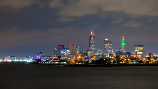 Long exposure of the city of Cleveland on a cloudy night.