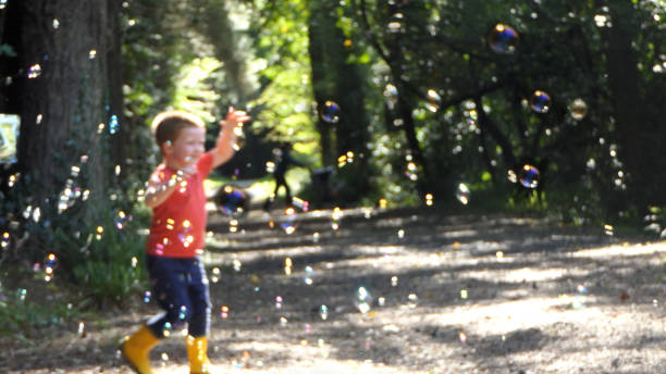 A child chasing Soap Bubbles in a wood
