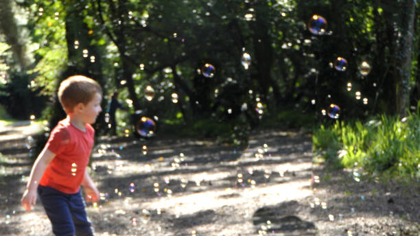 A child chasing Soap Bubbles in a wood