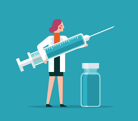 Illustration of female doctor holding giant syringe stock illustration