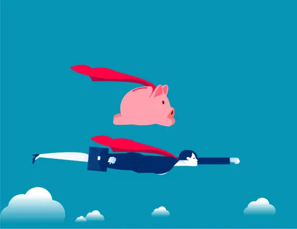 Vector illustration of Business leader and piggy bank flying together. Business finance vector illustration