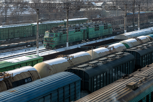 Almaty, Kazakhstan. 01/24/2024. Various types of carriages at a small railway station near the Kazakh city of Almaty