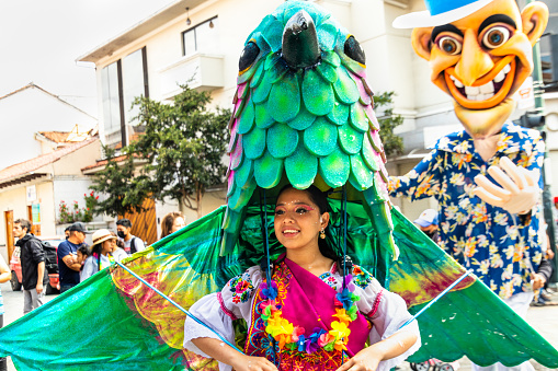 Cuenca, Ecuador - February 18, 2023: Big parade during the carnival in the historic center of the city of Cuenca. Woman dressed as a giant hummingbird