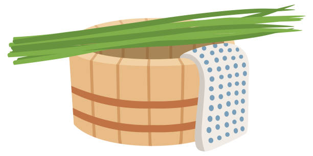 illustrazioni stock, clip art, cartoni animati e icone di tendenza di una semplice vasca da bagno e foglie di iris - chozubachi