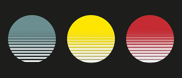 Vector gradient vintage grid sunset circle icon set collection on black background illustration