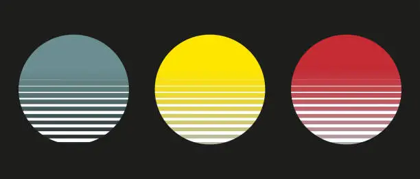 Vector illustration of Vector gradient vintage grid sunset circle icon set collection on black background illustration