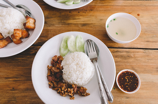 thai food rice with fried pork