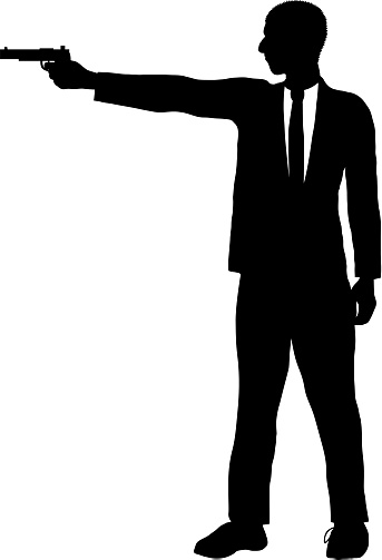 Man in a suit shooting a gun silhouette.