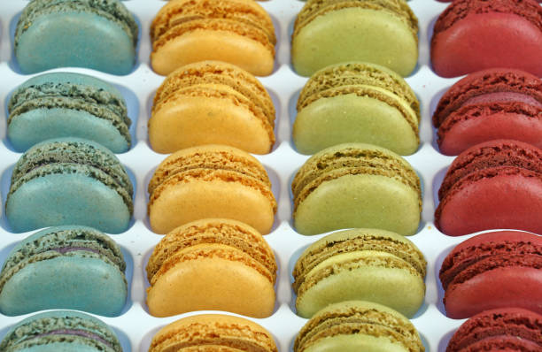 close up on colorful Macaroons arranged in the container