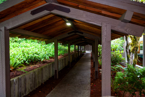 A built covered wooden pedestrian walkway