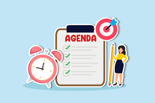 Meeting agenda, priority important task for discussion, objective or purpose to finish, planner or checklist for office work concept, smart business woman hold pencil write meeting agenda with clock.