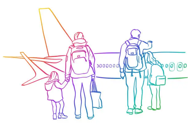 Vector illustration of Airport Family Looking At Planes Rainbow