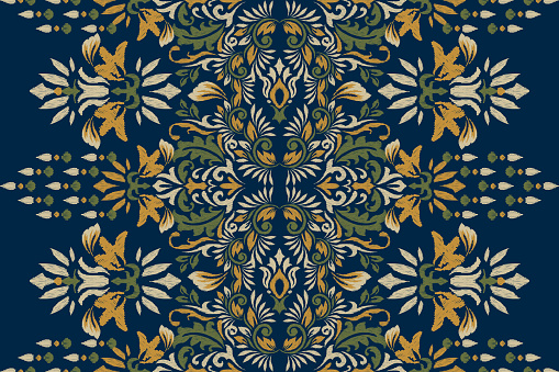 Arabesque Ikat floral pattern on navy blue background.Ikat ethnic oriental Embroidery Vector illustration,Aztec style,abstract background.design for texture,fabric,clothing,wrapping,decoration,scarf.