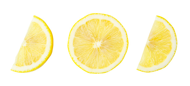 Top view of yellow lemon half and slices in set is isolated on white background with clipping path.