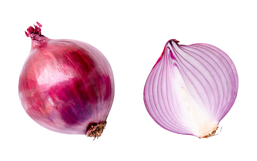 Top view of fresh red or purple onion with half in set is isolated on white background with clipping path.
