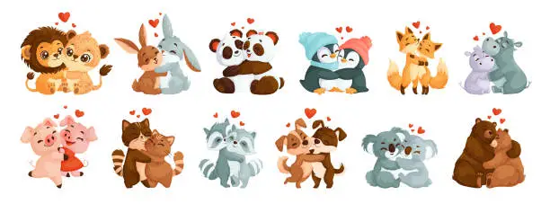 Vector illustration of Set of cute, loving hugging animals. Lions, Hares, pandas, hippos, foxes, penguins, piglets, cats, dogs, raccoons, koalas and bears. Animal couples in love in cartoon style