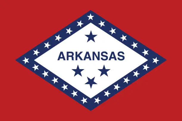 Vector illustration of Arkansas flag. The official ratio. Flag icon. Standard color. Standard size. A rectangular flag. Computer illustration. Digital illustration. Vector illustration.