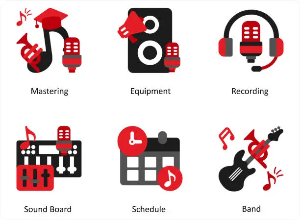 Vector illustration of Six music icons in red and black as mastering, equipment, recording