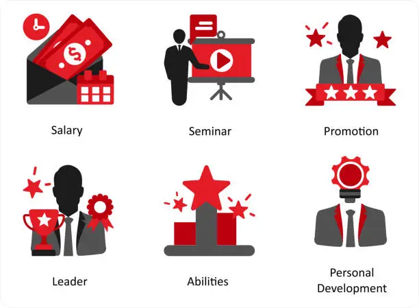 Vector illustration of Six business icons in red and black as salary, seminar, promotion