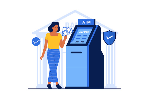 Woman depositing cash in atm machine .Vector flat illustration