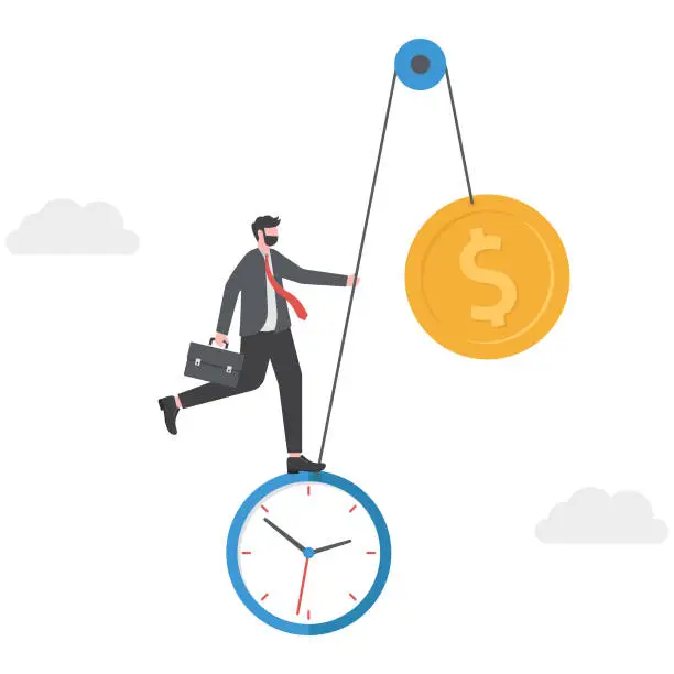 Vector illustration of Time and money balance, weight between work and life, long term investment or savings, control or make decision concept,