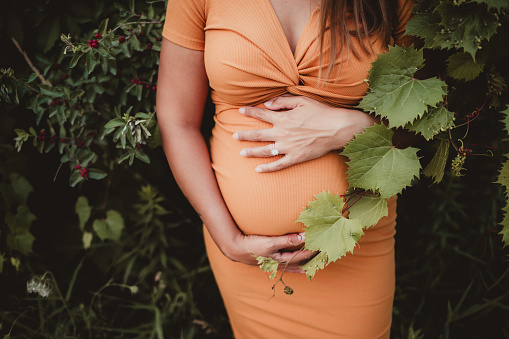 Pregnant woman dressed up in a garden