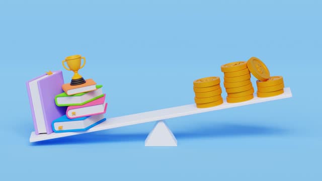 3D investing in education concept. High-cost education or saving money for education. Stack of books with trophy and dollar coins on balance scale. 3d illustration