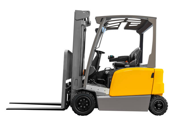 istock Side view yellow electric forklift isolated on white background with clipping path 1964352748