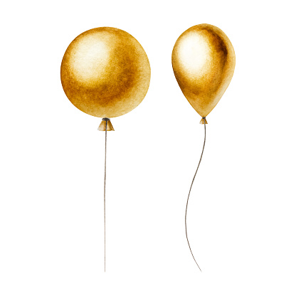 Watercolor golden foil balloons on a strings. Hand drawn birthday and party decoration isolated on white background. Shiny element for designers, prints, baby shower, postcards, wrapping paper, holiday, children, covers. For posters and textil.