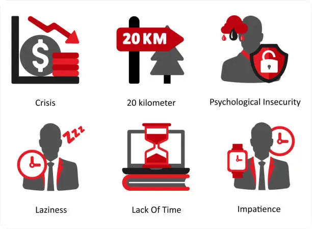 Vector illustration of Six mix icons in red and black as crisis, 20 kilometer, psychological insecurity