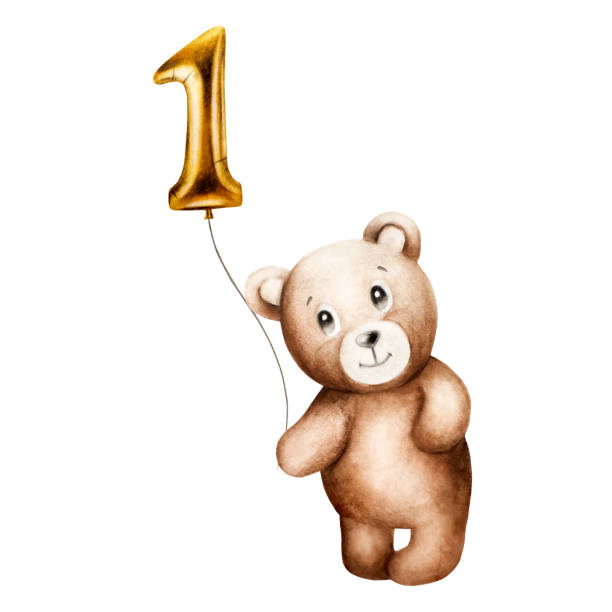 Watercolor cute cartoon teddy bear with golden foil balloon number 1 on a string. Hand drawn baby illustration isolated on white background. Lovely toy for baby and kids new born celebration, designers, prints, baby shower, postcards, wrapping paper Watercolor cute cartoon teddy bear with golden foil balloon number 1 on a string. Hand drawn baby illustration isolated on white background. Lovely toy for baby and kids new born celebration, designers, prints, baby shower, postcards, wrapping paper, girl levitating stock illustrations