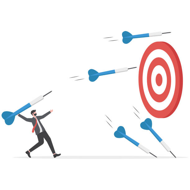 istock businessman throws many dart arrows hit out of the dartboard, missing the marketing target and customer, fail on company mission and goal 1964373108