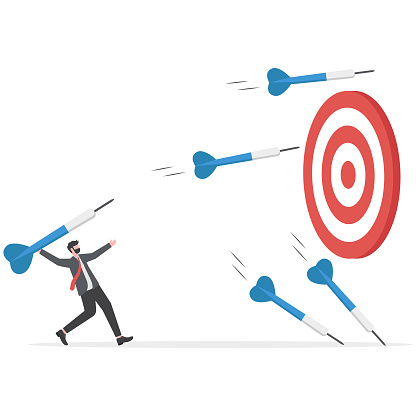 businessman throws many dart arrows hit out of the dartboard, missing the marketing target and customer, fail on company mission and goal