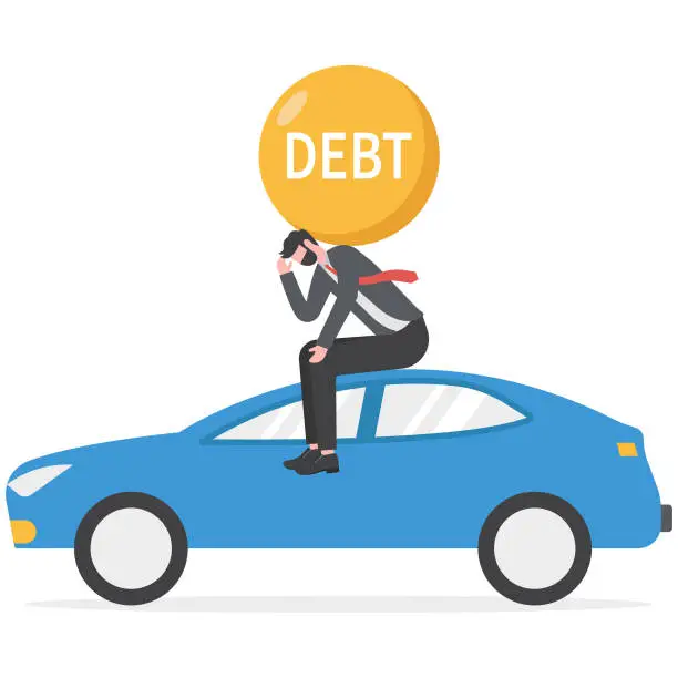 Vector illustration of car Debt Burden concept, businessman sit on car key with chained debt car
