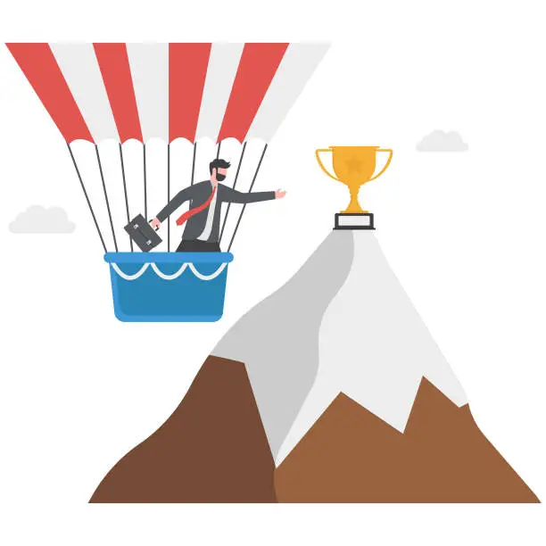 Vector illustration of Most efficiency way to reach business goal, tools, assistance or shortcut to help achieve target or destination concept, smart businessman flying balloon reaching mountain peak to grab success flag.