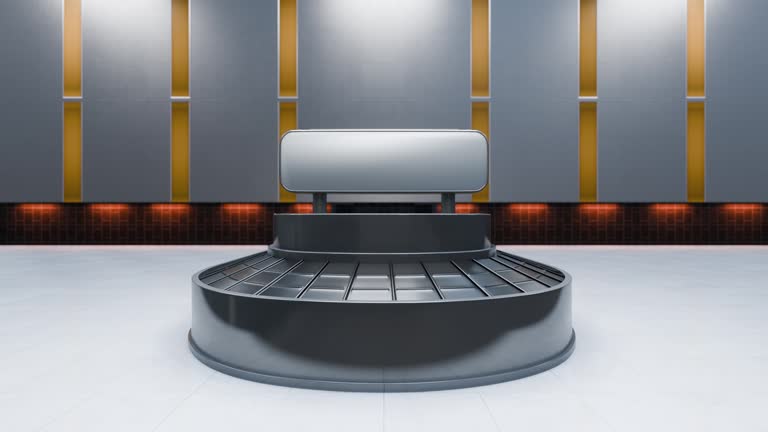 A luggage conveyor line in an airport, set against a backdrop of empty space, is rendered in 3D.