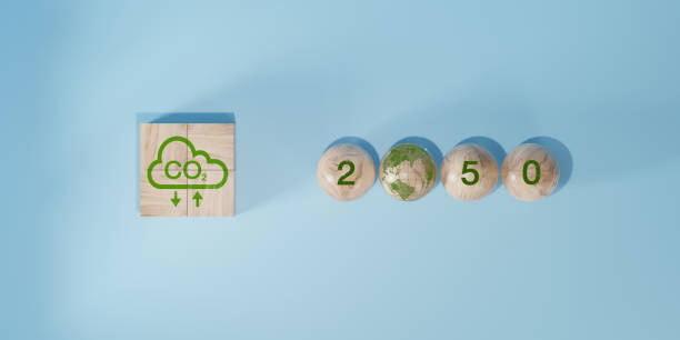 istock 2050 year, Net zero and carbon neutral concept. CO2 reducing icon print screen on wooden and world map for decrease CO2.  Net zero greenhouse gas emissions target. 1964399623