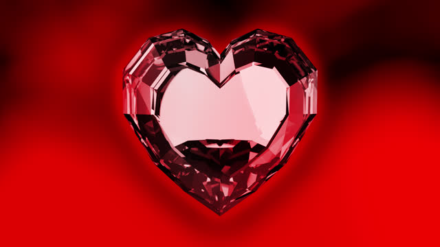 Beautifully rendered in 3D, this animation features a red diamond heart set against a crimson, hazy background.