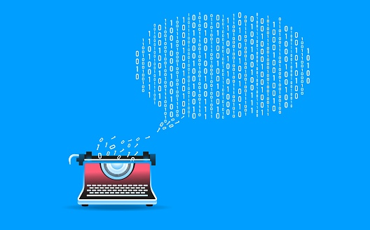Typewriter and a text bubble made of binary code. Generating text, using chatbots for education, copywriting and blogging concept. Vector illustration.