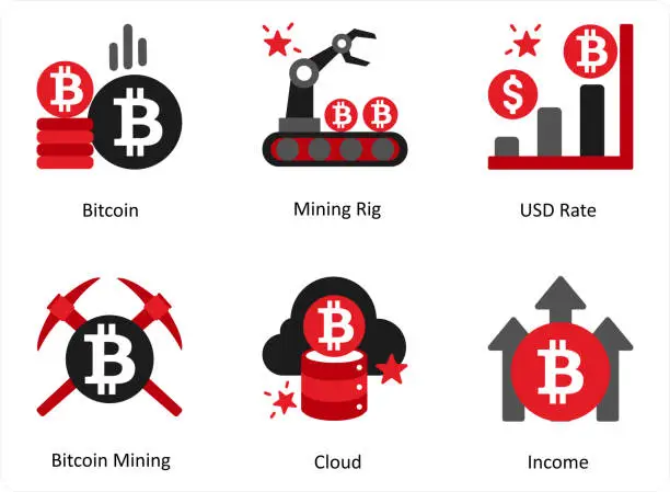 Vector illustration of bitcoin, mining rig, usd rate
