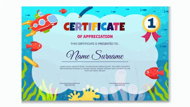 Vector illustration of Fun Colorful Certificate Template for Kids. Sea Theme