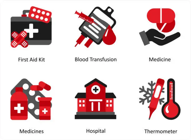 Vector illustration of first aid kit, blood transfusion, medicine